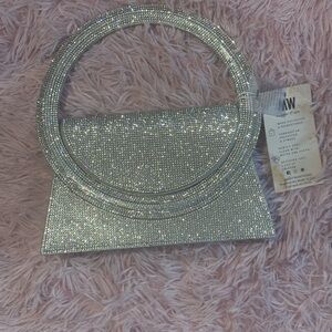 Silver Rhinestone Ring Handle Clutch - Sparkling Evening Wristlet